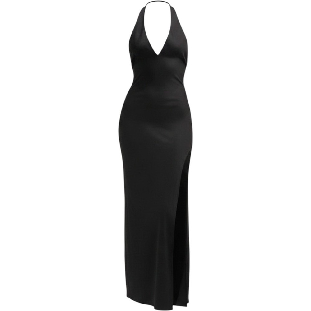 Reformation Meral Black Satin Halter Dress Large NWT Quiet Luxury Sleek  Formal